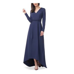 JS COLLECTION Womens Navy Waist Hi-lo Hem Long Sleeve Fit + Flare Dress 10